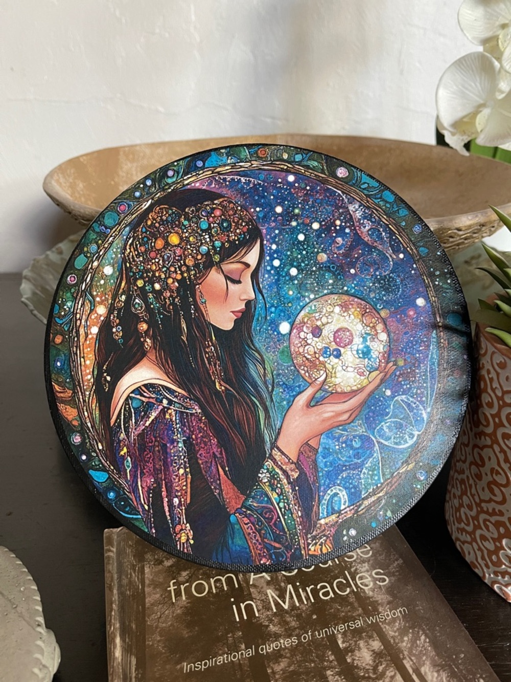 Mystical Woman Holding Orb Decorative Round Art Plaque - Blue Multicolor
